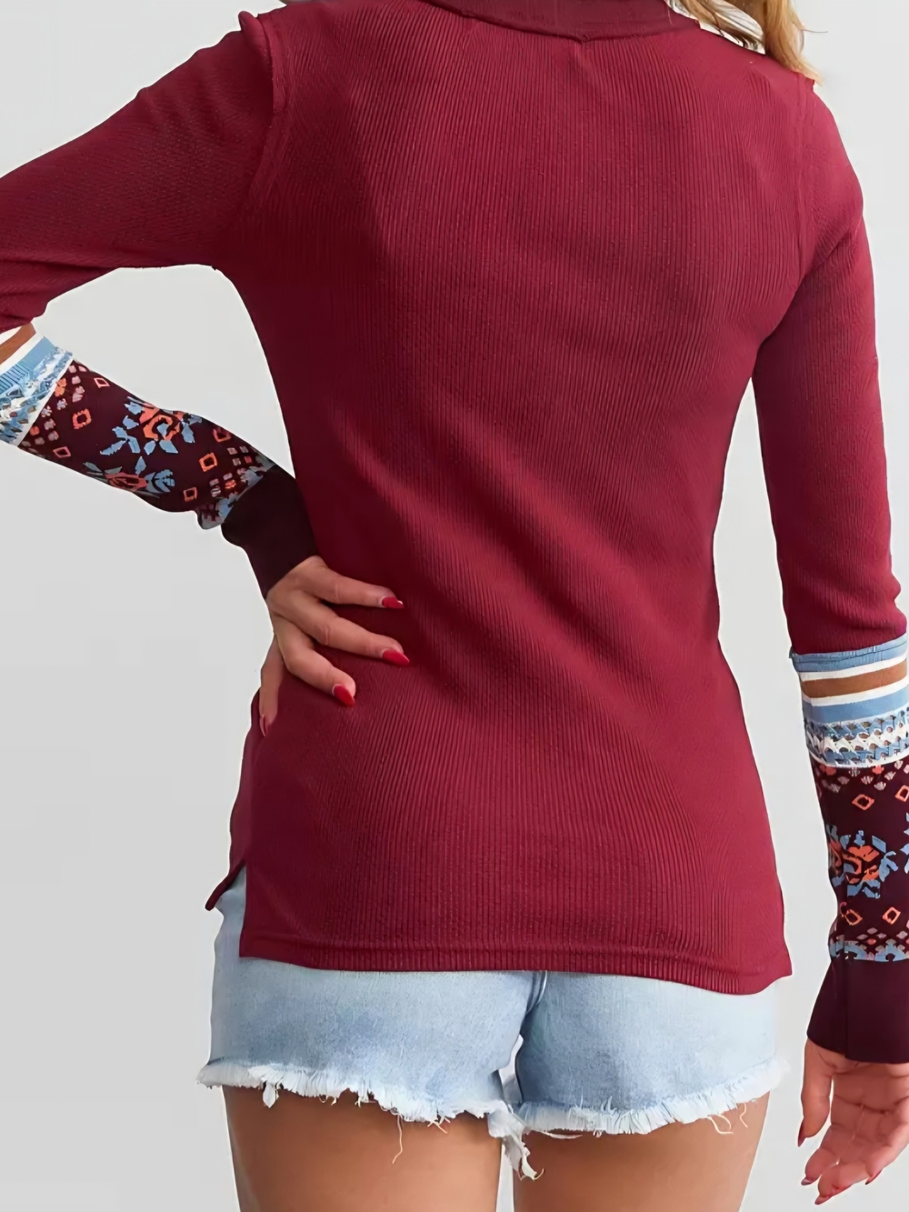 We The Free Burgundy Long Sleeve with Patterned Cuffs Small - Picture 2 of 6